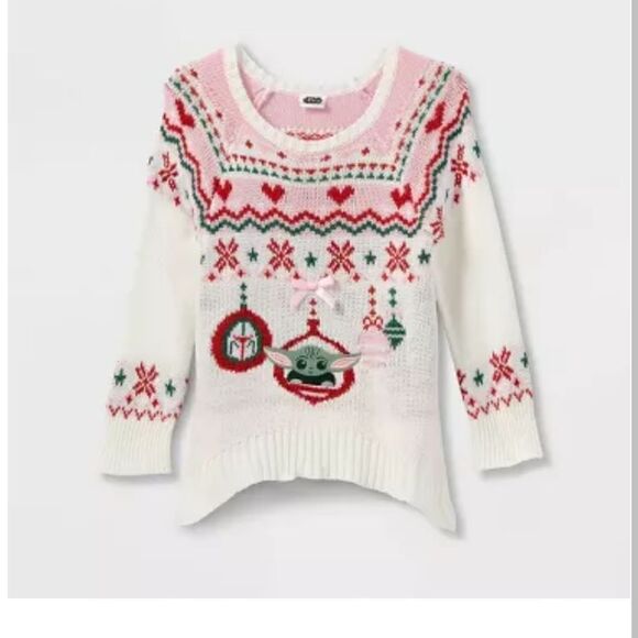 Nwt Toddler Girls' Star Wars Baby Yoda Christmas Ugly Pullover Sweater - Beige - Picture 1 of 8